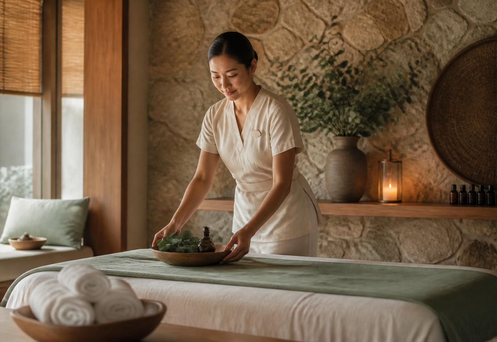 A therapist preparing a luxury spa treatment room